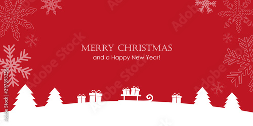 Fotomural red christmas greeting card with firs gifts and snowfall vector illustration EPS