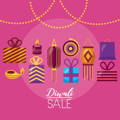 Poster - diwali sale card with lamps hanging celebration icon