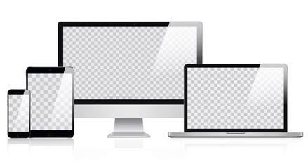 Mockup of Realistic Computer, Laptop, Tablet and smartphone with Transparent Wallpaper Screen Isolated. Set of Device Mockup Separate Groups and Layers. Easily Editable Vector. Vector illustration