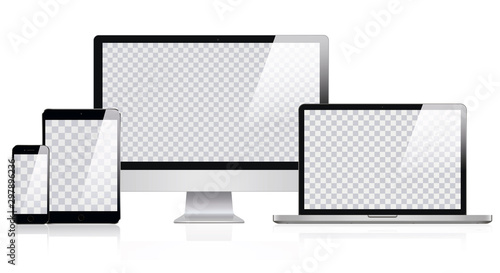 Cuadros en Lienzo Mockup of Realistic Computer, Laptop, Tablet and smartphone with Transparent Wallpaper Screen Isolated