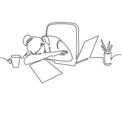 Wall Mural - Girl sleeping on desk continuous one line drawing . Tired woman, freelancer leaning on table cartoon character.