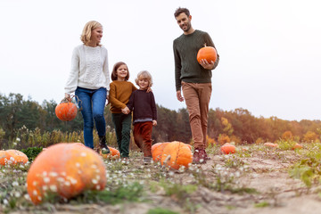 Wall Mural - Happy young family in pumpkin patch field