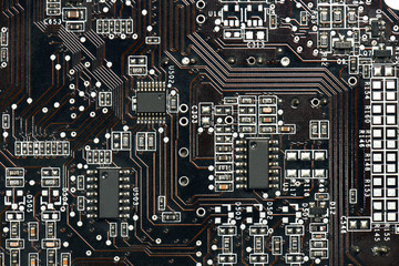 printed circuit board and microchip, or cpu closeup - electronic component for digital equipment, concept for development of electric computer circuits