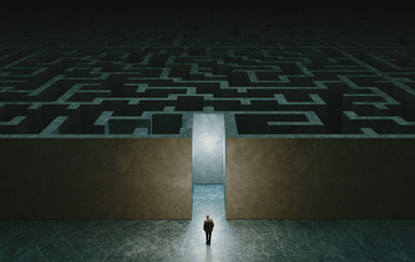 Businessman standing in front of the entrance to the maze. 3d rendering