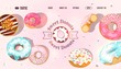 © Vectorvstocker - Donut website, vector illustration. Bakery landing page design, selection of sweet doughnuts. Patisserie home page template, local cafe with homemade donuts and desserts