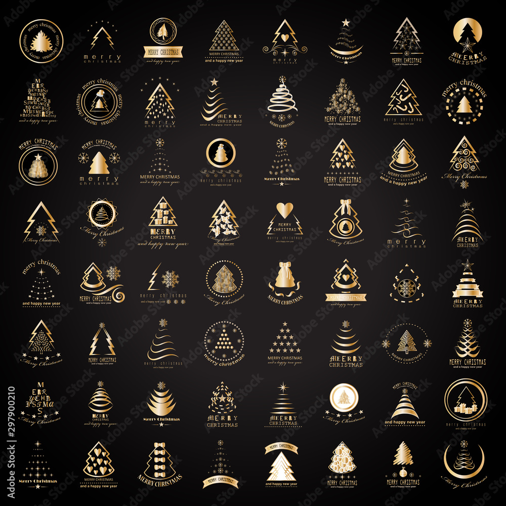 Abstract Christmas Tree Icons. Gold Christmas Tree Set - Isolated On ...