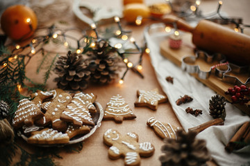 Christmas gingerbread cookies on vintage plate and anise, cinnamon, pine cones, cedar branches  with golden lights on rustic table. Baked traditional gingerbread cookies. Seasons greetings