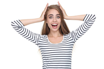 Young beautiful girl on white background