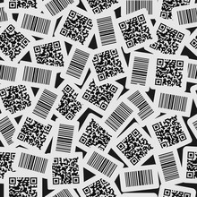 Seamless Vector Pattern Of Realistic Barcode And Qr Code Black Icon. Barcode Label Set Sticker On Black Background. Design For Web Page Backgrounds, Fabric, Wallpaper, Textile And Decor