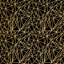 Abstract Gold Geometric Shapes Seamless Pattern On Black Background.  Perfect For Create Invitations, Cards, Textile And Other Printing And Beauty Design.