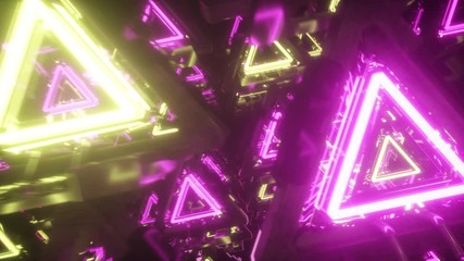 Wall Mural - Abstract flying in metal futuristic corridor with triangles, seamless loop 4k background, fluorescent ultraviolet light, laser neon lines, geometric endless tunnel, yellow pink spectrum, 3d render