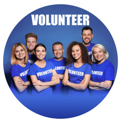 Wall Mural - Team of volunteers in uniform on blue background