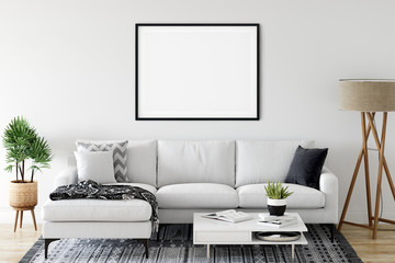 frame & poster mock up in living room. scandinavian interior. 3d rendering, 3d illustration