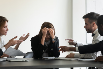 stressed upset business woman suffer from bullying harassment at workplace