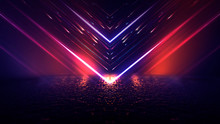 Empty Background Scene. Dark Street Reflection On Wet Asphalt. Rays Of Neon Light In The Dark, Neon Shapes, Smoke. Background Of An Empty Stage Show. Abstract Dark Background.