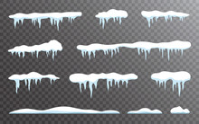 Snow Icicles Set On Transparent Backdrop. Snow Caps Collection. Snowdrift Template Isolated. Winter Elements And Snowy Objects. White Snowcap Borders. Vector Illustration