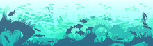 Silhouette Of Fish And Algae On The Background Of Reefs. Underwater Ocean Scene. Deep Blue Water, Coral Reef And Underwater Plants. A Beautiful Underwater Scene; A Vector Seascape With Reef.