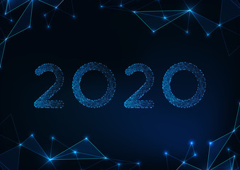 Wall Mural - Futuristic glowing low polygonal 2020 New year greeting card on abstract dark blue background.