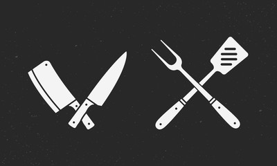 Wall Mural - Butcher knives and BBQ tools icons set. Meat knife, cleaver, chef, bbq fork. Vector illustration