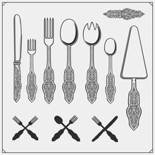 Vintage Cutlery Set. Outline Drawing Spoon, Fork And Knife. Cooking Design.