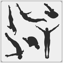 Cliff diving sport emblems, labels and design elements. Diving sport club logos and templates. Divers silhouettes.