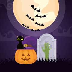 Poster - halloween dark cemetery scene with pumpkin