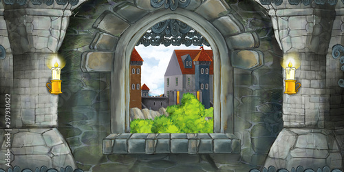 Dekoracja na wymiar  kreskowka-scena-sredniowiecznego-wnetrza-zamku-z-oknem-z-widokiem-na-inny-zamek-ilustracja