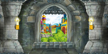 Cartoon Scene Of Medieval Castle Interior With Window With View On Some Other Castle - Illustration For Children