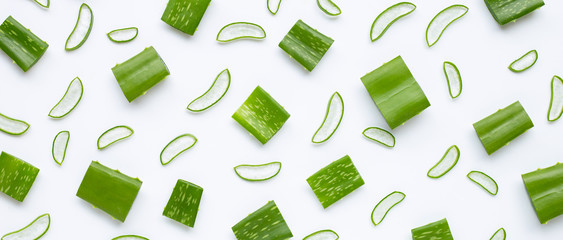 Wall Mural - Aloe Vera leaves cut pieces with slices on white