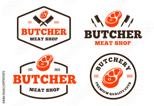 Fotomural Set of retro styled butchery logo for groceries, meat stores, packaging and adve