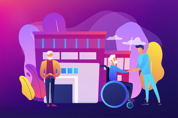 Wall Mural - Caregiving, volunteering. Disabled patient support, hospital assistance. Elderly care, senior homesick nursing, elderly care services concept. Bright vibrant violet vector isolated illustration