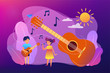 Happy kids enjoy singing and playing the guitar at summer camp, tiny people. Musical camp, young music talents, music and song courses concept. Bright vibrant violet vector isolated illustration