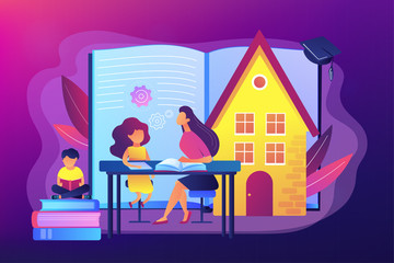 Wall Mural - Children at home with tutor or parent getting education, tiny people. Home schooling, home education plan, homeschooling online tutor concept. Bright vibrant violet vector isolated illustration