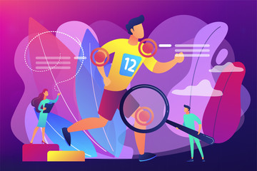 Wall Mural - Athlete running and tiny people physicians treating injuries. Sports medicine, sports medical services, sports physician specialist concept. Bright vibrant violet vector isolated illustration