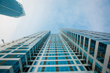 Glass facade of outdoor blue skyscraper