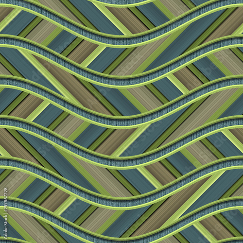 Obraz w ramie Carving waves pattern on background seamless texture, patchwork pattern, diagonal stripes, 3d illustration