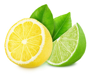 Wall Mural - Multicolored composition with slices of sour citrus fruits - lime and lemon isolated on a white background.