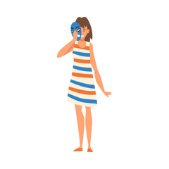 Poster - Woman Covering Her Face with Anger Mask, Girl Hiding Her Natural Personality or Individuality to Conform to Social Requirements Vector Illustration