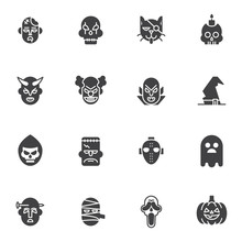 Halloween Mask Vector Icons Set, Modern Solid Symbol Collection, Filled Style Pictogram Pack. Signs, Logo Illustration. Set Includes Icons As Monster, Skull, Pirate Cat, Crazy Clown, Dracula Devil