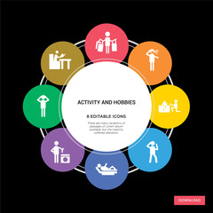 8 activity and hobbies concept icons infographic design. activity and hobbies concept infographic design on black background