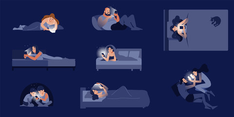 A collection of cute people lying on the bed talking on the phone. Lots of men and women chatting on social networks. Colorful flat cartoon style isolated vector illustration.