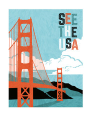 Retro style travel poster design for the United States.  Scenic image of Golden Gate Bridge. Limited colors, no gradients.  