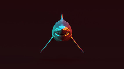 Silver Great White Shark with Red Orange and Blue Green Moody 80s lighting Front View 3d illustration 3d render