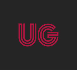 Initial two letter red line shape logo on black vector UG