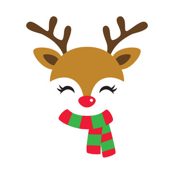 Fototapete - Vector illustration of cute reindeer face wearing red and green Christmas scarf.