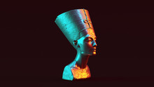 Silver Bust Of Nefertiti With Red Orange And Blue Green Moody 80s Lighting 3 Quarter Right View 3d Illustration 3d Render