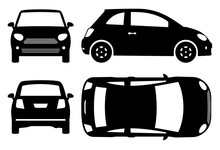 Small Car Silhouette On White Background. Vehicle Icons Set View From Side, Front, Back, And Top