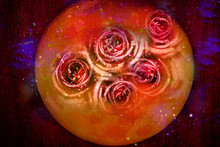 Abstraction On Red Background, Full Moon And Roses