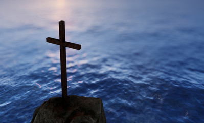 Concept or conceptual religious christian cross standing on rock in the sea or ocean over blue water sunset. A background for faith, religion belief, Jesus Christ, spiritual church 3D illustration