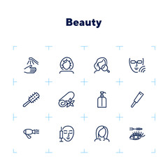 Poster - Beauty icons. Set of line icons on white background. Electric fan, perfume, meso therapy. Cosmetology concept. Vector illustration can be used for topics like cosmetics, beauty salon